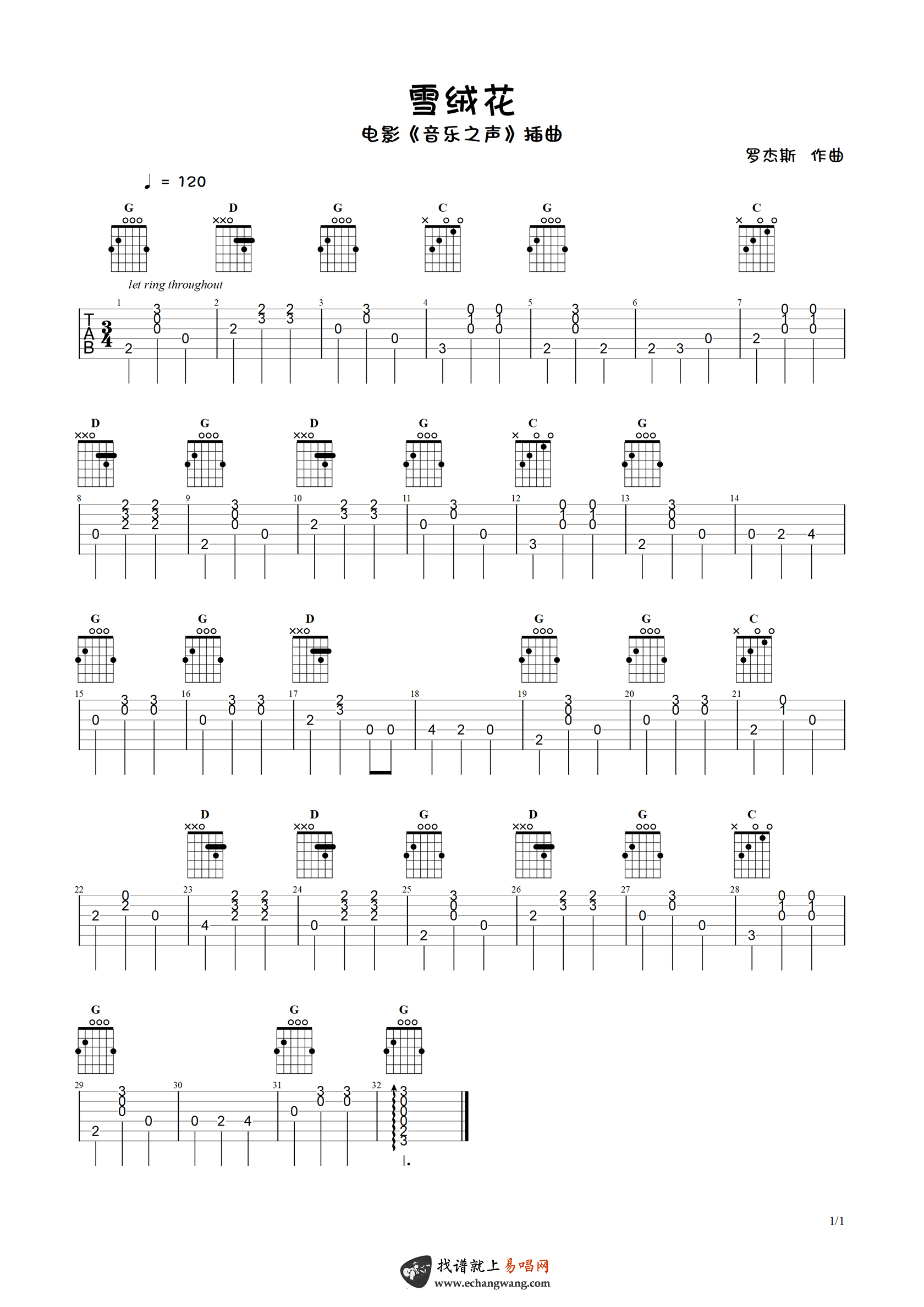 绒花-韩红 芳华片尾曲 带前奏F调六线吉他谱-虫虫吉他谱免费下载