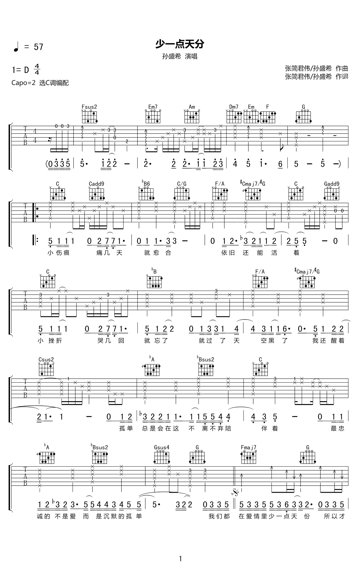 少一点天分吉他谱_孙盛希_C调弹唱40%单曲版 - 吉他世界