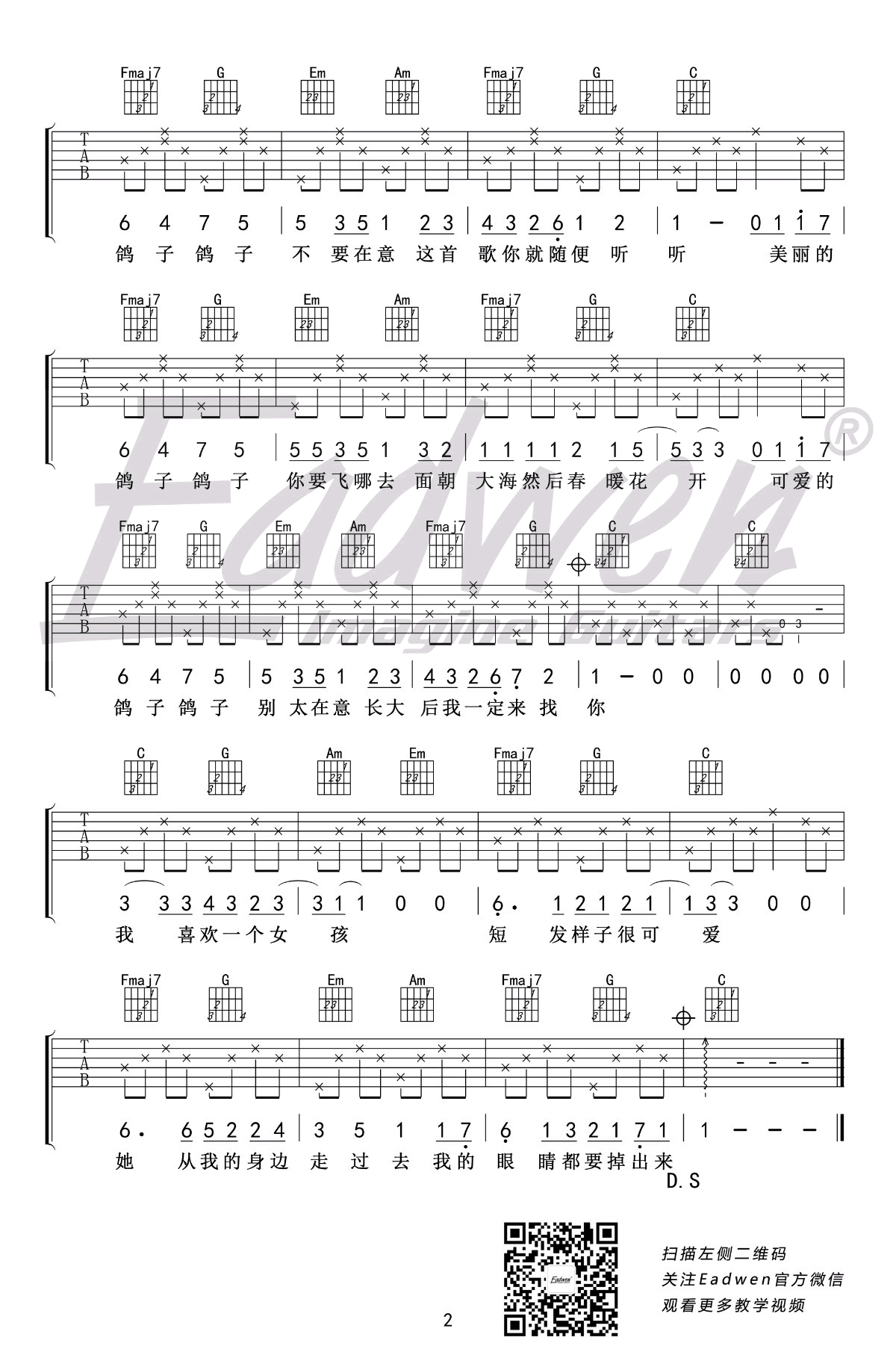 鸽子吉他谱 徐秉龙-鸽子六线谱C调指法-乐手网